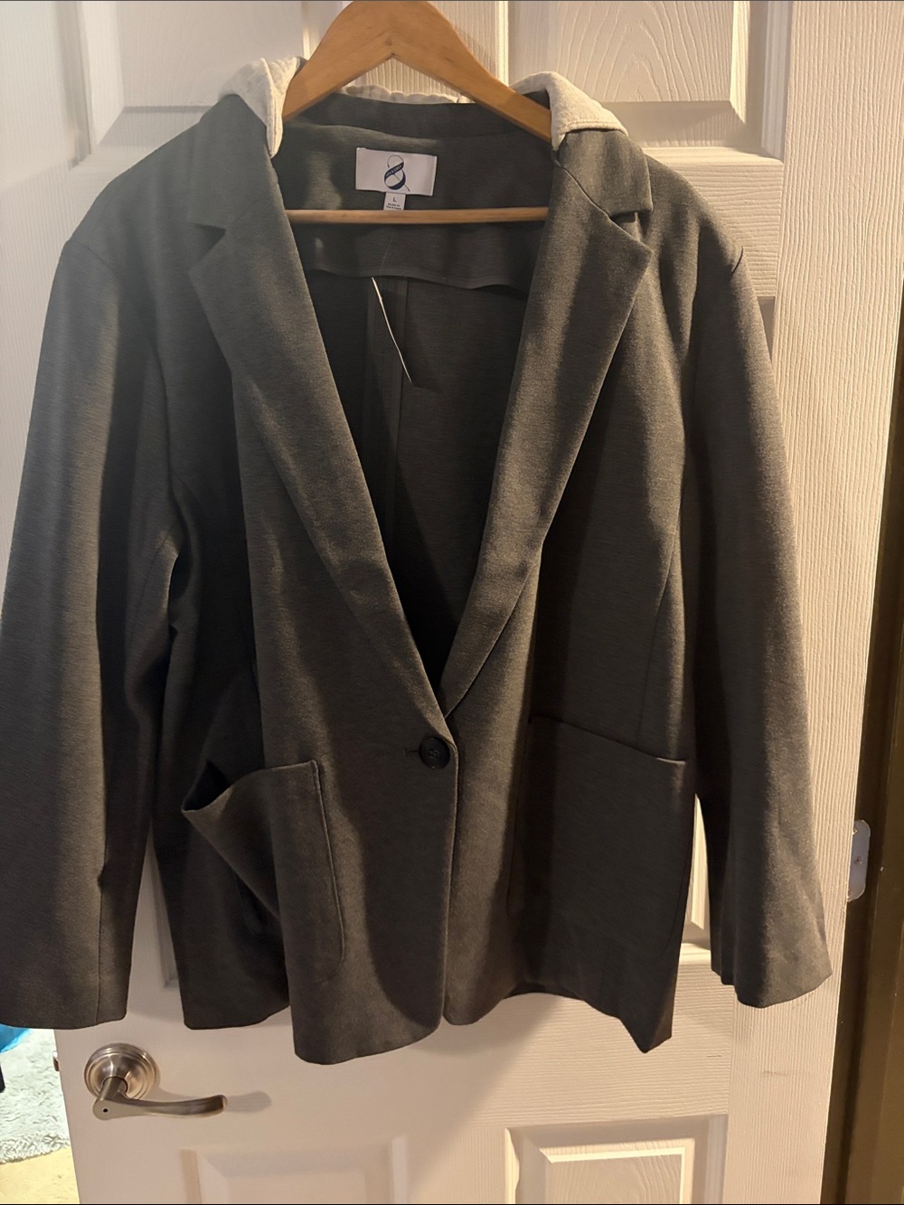 Lou & Grey Charcoal Single-Button Blazer with Patch Pockets and detachable hood